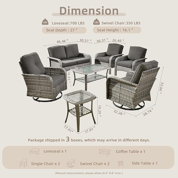 7-Piece Wicker Patio Furniture Set, All-Weather Rattan Conversation Bistro Loveseat Chair and Patio Rockers Set for Backyard, Balcony and Deck with Soft Cushions and Metal Table(Black)