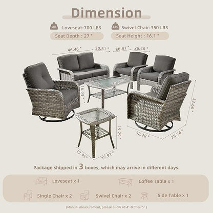 7-Piece Wicker Patio Furniture Set, All-Weather Rattan Conversation Bistro Loveseat Chair and Patio Rockers Set for Backyard, Balcony and Deck with Soft Cushions and Metal Table(Black)