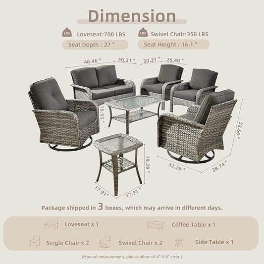 7-Piece Wicker Patio Furniture Set, All-Weather Rattan Conversation Bistro Loveseat Chair and Patio Rockers Set for Backyard, Balcony and Deck with Soft Cushions and Metal Table(Black)