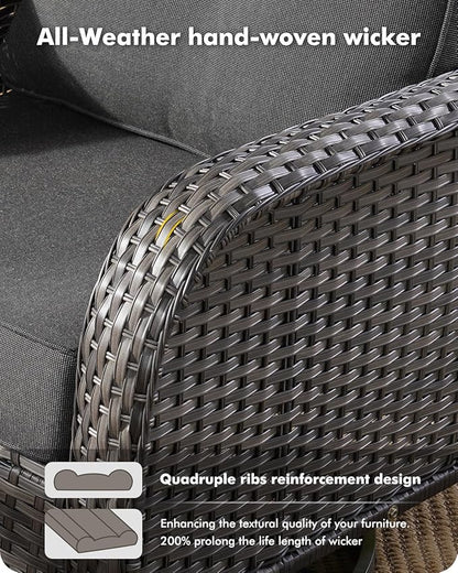 5 Pieces Patio Furniture Set,Outdoor Furniture with Rockers, Rattan Conversation Sets w/Coffee Table, Grey Wicker Black Cushion