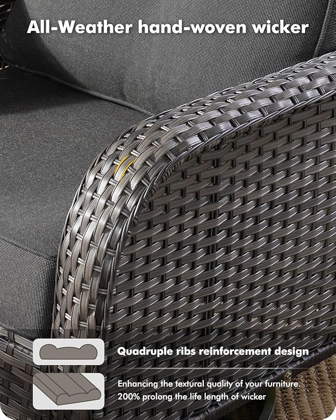 8-Piece Wicker Patio Furniture Set, All-Weather Rattan Conversation Bistro Loveseat Chair and Patio Rockers Set for Backyard, Balcony and Deck with Soft Cushions and Metal Table(Black)