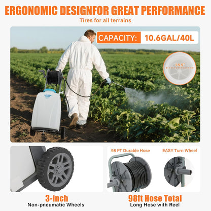 10.6 Gallon Battery Powered Sprayer with Wheeled Cart, 0-90PSI, 12V 8Ah Battery 5-6h Spray Time,98FT Hose with Reel，Adjustable HD Wand and 10 Nozzles for Weeding, Spraying, Cleaning