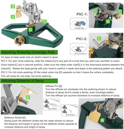 WEMADE Heavy Duty Metal Pulsating Sprinklers for Yard - 360 Degree Roating Automatic Water Sprinkler for Lawn with Metal Base, Impact Sprinklers for Large Area Covers Up to 85‘ Diameter