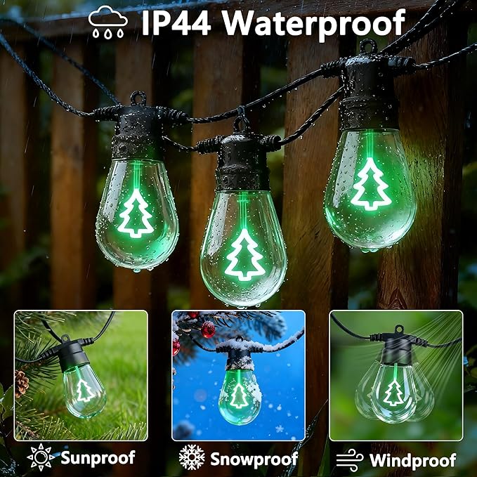 LED Christmas Lights, 50FT Patio Lights with 16Pcs Shatterproof S14 Bulb(1 Spare), 4 Lighting Mode, Connectable, Waterproof Green Edison Plastic Bulb Hanging Light for Yard Porch Christmas Décor