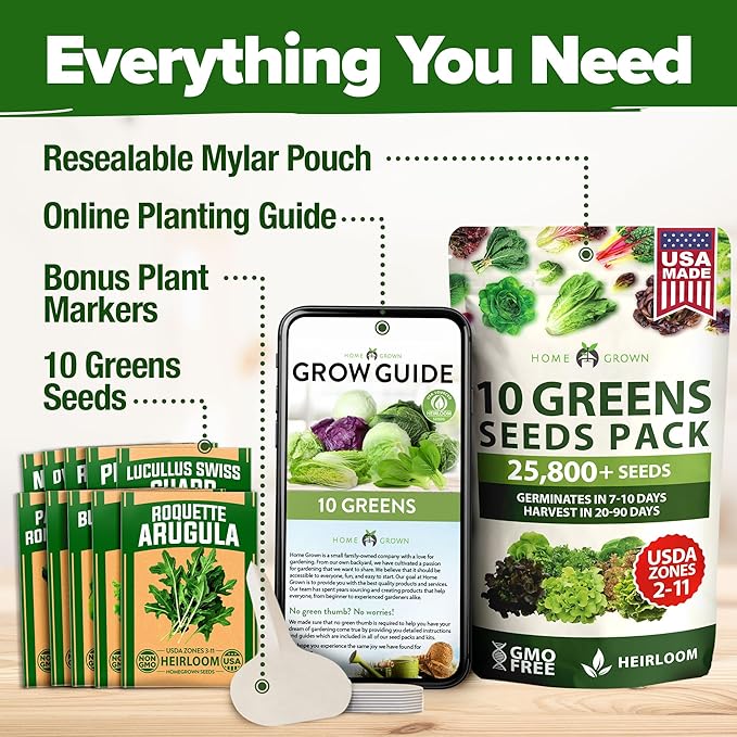 HOME GROWN 11,500+ Heirloom Lettuce Seeds - 10 Varieties Including Romaine, Buttercrunch, Iceberg, Kale & Spinach - Non-GMO USA Seeds for Planting Indoor, Outdoor & Hydroponic Gardens