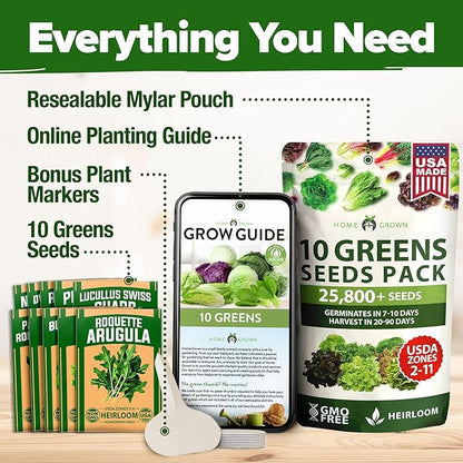 HOME GROWN 11,500+ Heirloom Lettuce Seeds - 10 Varieties Including Romaine, Buttercrunch, Iceberg, Kale & Spinach - Non-GMO USA Seeds for Planting Indoor, Outdoor & Hydroponic Gardens