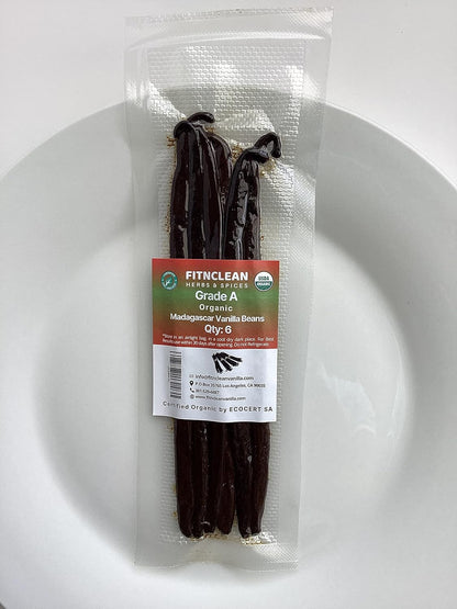 6 Organic Vanilla Beans Madagascar Grade A for Extract, Cooking and Baking by FITNCLEAN VANILLA| Certified USDA Organic. 6"-7.5" Bourbon Fresh Gourmet NON-GMO Whole Pods.