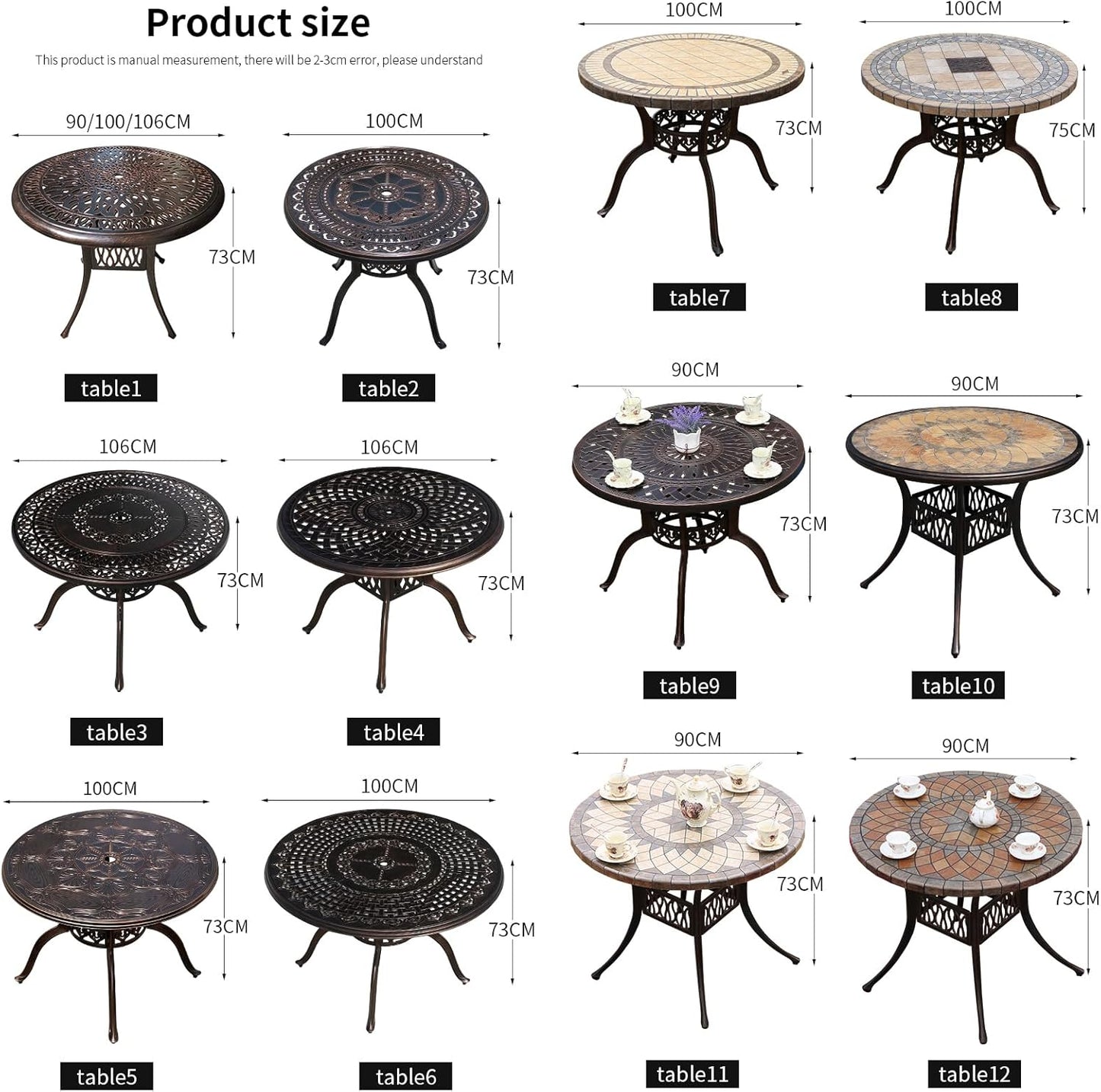 Outdoor Table Cast Aluminum Round Patio Table with Umbrella Hole All Weather Outdoor Dining Tables for Lawn Garden Backyard (106cm Woven Round Table)