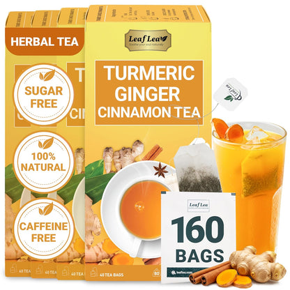 LeafLea 160 Ginger Turmeric Tea Bags, 100% Natural & Pure Herbal Tea Blend of Turmeric Ginger Tea with Cinnamon, Turmeric Tea Supports Digestion & Immunity, Caffeine-Free, No Sugar, Non-GMO