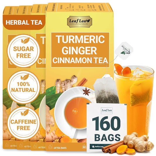 LeafLea 160 Ginger Turmeric Tea Bags, 100% Natural & Pure Herbal Tea Blend of Turmeric Ginger Tea with Cinnamon, Turmeric Tea Supports Digestion & Immunity, Caffeine-Free, No Sugar, Non-GMO