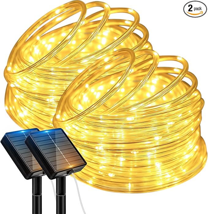 btfarm 2 Pack Solar Rope Lights Outdoor, 120LED 46FT Solar String Lights Outside Waterproof, 8 Lighting Modes Tree Tube Fairy Light Solar Powered for Garden Christmas Yard Party Decoration, Warm White