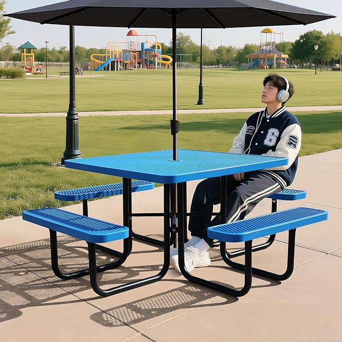 46" Square Picnic Table for Outside,Heavy Duty Metal Picnic Table Bench Set with 2in Umbrella Hole, 1600 lb Capacity,Commercial Dining Table Furniture for Garden Yard Patio Party Coffee Shop