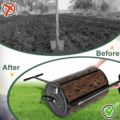 Hiboom 36 Inch Compost Spreader, Peat Moss Spreader, Manure Roller with Adjustable T Shaped Handle, Lightweight Metal Mesh for Lawn Garden Spreading Manure Topsoil (Black)