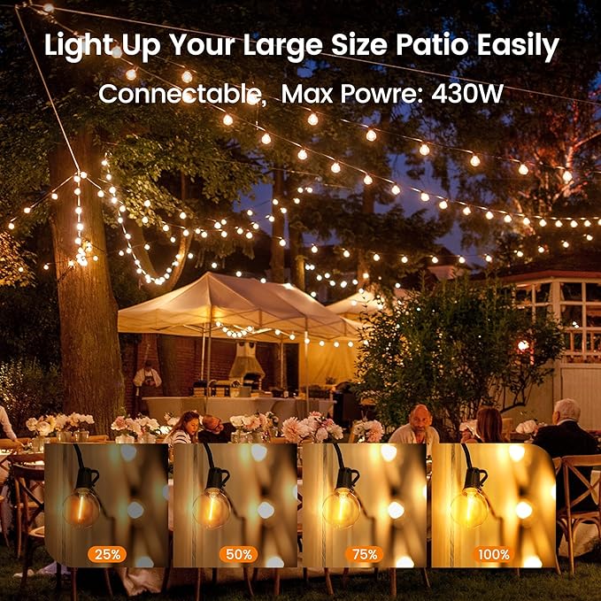 OHLUX Outdoor String Lights,110FT Dimmable Patio Lights with 58 G40 Shatterproof 2200K LED Edison Bulbs(2 Spare),Waterproof Hanging for Outside Backyard,Cafe,Porch,Deck,Porch