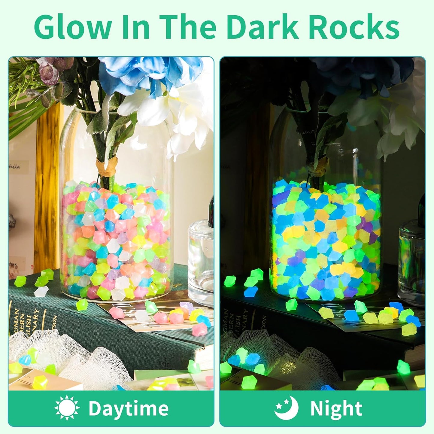 OSOPOLA 750 PCS Glow in The Dark Rocks - Mixed Color Fish Tank Decorations Diamond-Shaped Pebbles Rocks for Aquarium Glowing Rocks Accessories FD05MX750C