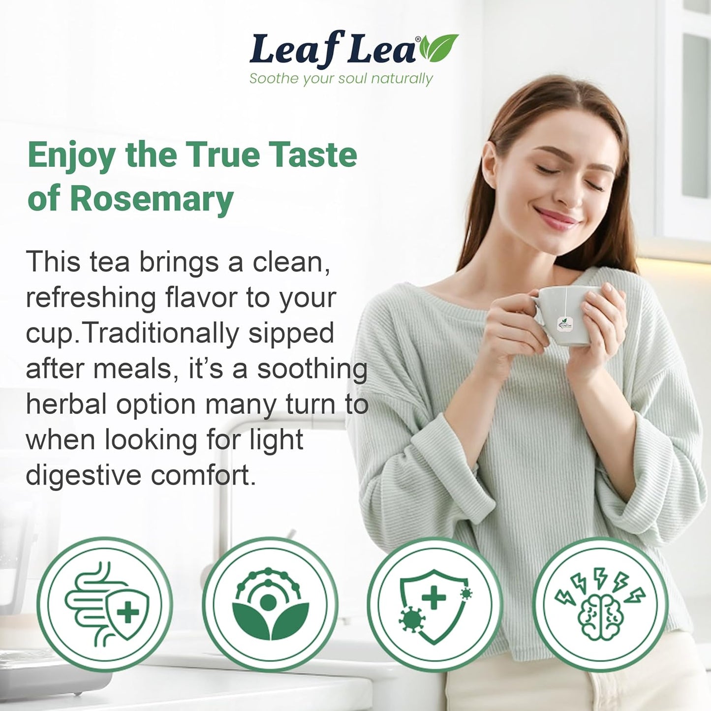 LeafLea 80 Rosemary Leaf Tea Bags, 100% Pure Rosemary Herbal Tea, Gentle Digestive Comfort & Relaxing, Te De Romero Featuring Subtle, Natural Flavor, Caffeine-Free, Sugar-Free, Non-GMO, Vegan