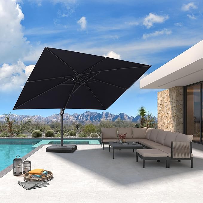 PURPLE LEAF 9' X 11.5' Patio Cantilever Umbrella Outdoor Rectangle Adjustable Offset Umbrellas with 360-degree Rotation and 8 Heavy Duty Metal Ribs for Garden Deck Pool Navy Blue