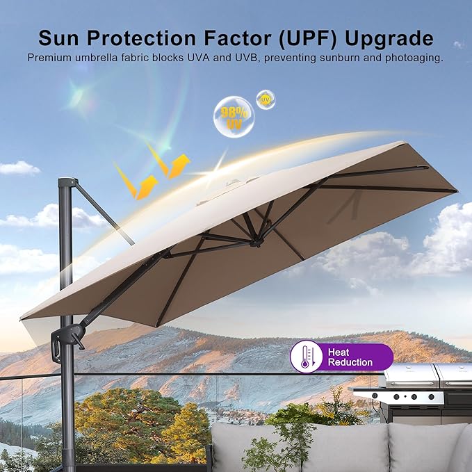 PURPLE LEAF 8 FT Cantilever Patio Umbrella Outdoor Aluminum Offset Square Umbrella with 3 Years Fade Resistance Recycled Fabric and 360-degree Rotation for Deck Pool Garden, Sand Dune