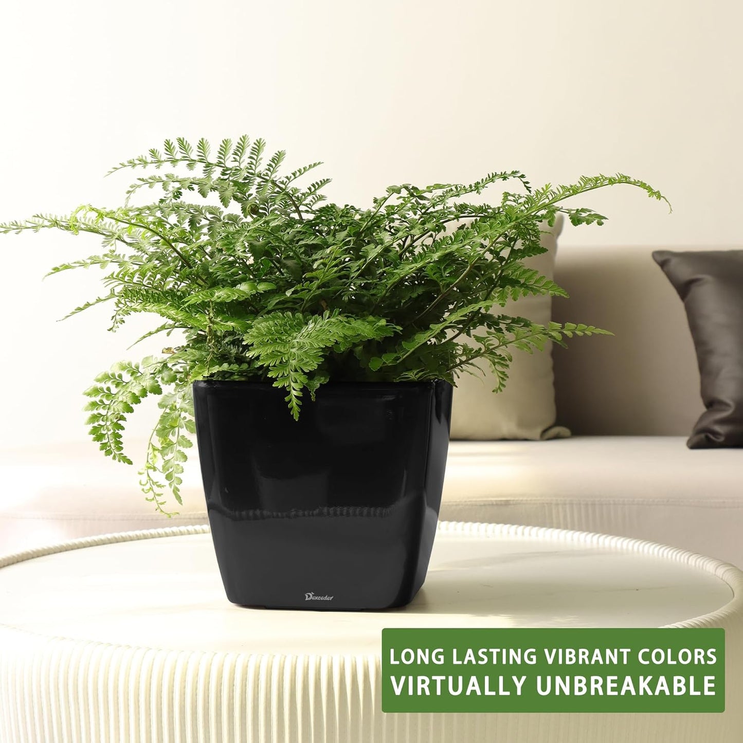 Dexceder 11x10 Self Watering Planter Indoor Outdoor, Inner Mat Design, Thickened Table Flower Plant Pot with Water Level Indicator (Black High Gloss)