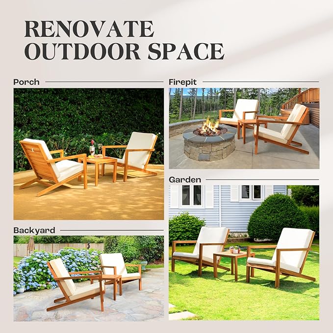 IDZO Natural 3-Piece Patio Bistro Sets with Foldable 400lbs Weight Chairs, a 220lbs Shelf Table, Made from FSC-Certified Acacia Wood, Featuring Washable Cushions and an Ergonomic Design