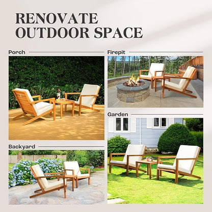 IDZO Natural 3-Piece Patio Bistro Sets with Foldable 400lbs Weight Chairs, a 220lbs Shelf Table, Made from FSC-Certified Acacia Wood, Featuring Washable Cushions and an Ergonomic Design