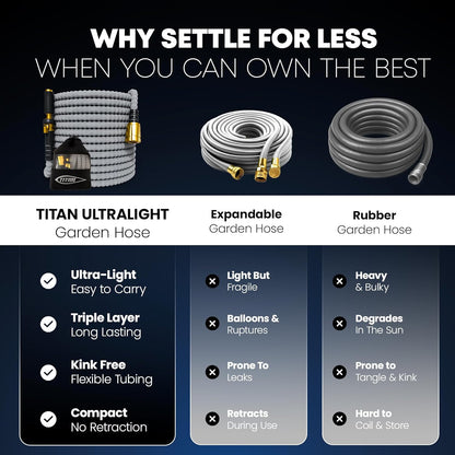 TITAN Flexible Garden Hose 100FT – Ultra Lightweight, Heavy Duty Water Hose with Brass Fittings & Jet Nozzle – Kink-Free, Non-Expanding, Durable Fabric Hose for Yard, Lawn, Car Wash, Outdoor Use