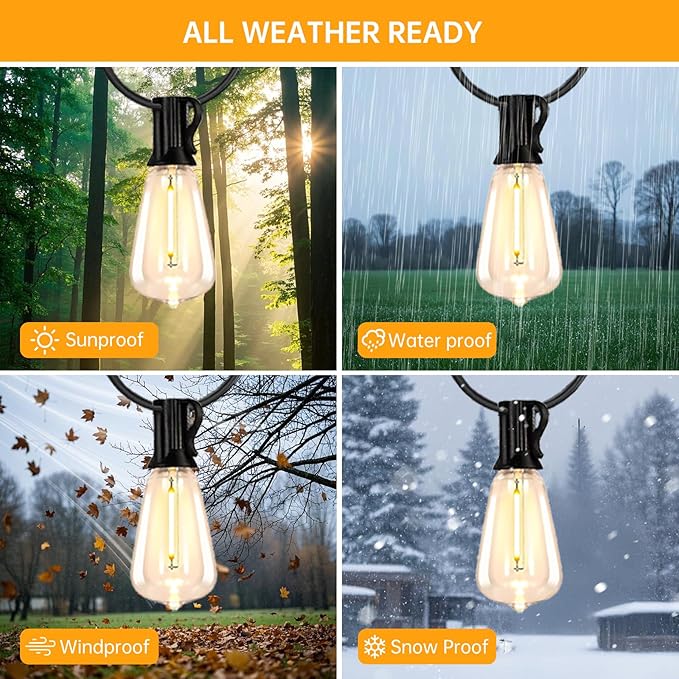 Solar String Lights Outdoor Waterproof, 100FT Solar Powered Outdoor Lights with Remote, 52 Shatterproof with Edison Bulbs, LED String SolarLights for Garden, Backyard, Parties