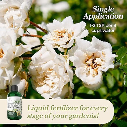 Professional Liquid Gardenia Plant Fertilizer | 3-1-2 Concentrate for Flowering Plants | Multi-Purpose Blend & Gardening Supplies | 8 oz Bottle