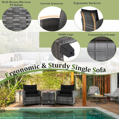 RELAX4LIFE 3 Piece Patio Furniture Set, Wicker Bistro Conversation Set w/2 Cushioned Armchairs & Glass Topped Table, Outdoor Rattan Sofa Set Patio Furniture for Porch Balcony Poolside (Grey-Black)