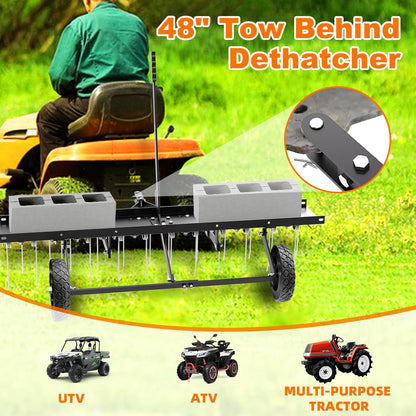 48" Tow Behind Lawn Dethatcher, Pull Behind Rake with 24 Rust-Proof Tines and Heavy Tires, Lawn Tractor Rake with Lift Handle, Black Tow Behind Rakes to Remove Thatch, Leaves from Large Lawn Area