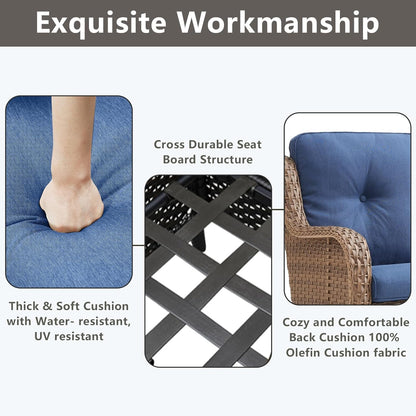 Outdoor Wicker Patio Furniture Set - 5 Piece Rattan Patio Conversation Set with 2 Rocking Swivel Chairs,2 Ottomans and 1 Sofa for Porch Deck Backyard Garden(Yellow/Blue)