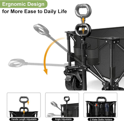 LUXCOL Collapsible Folding Wagon, Heavy Duty Utility Beach Wagon Cart for Sand with Big Wheels, Adjustable Handle&Drink Holders for Shopping, Camping,Garden and Outdoor
