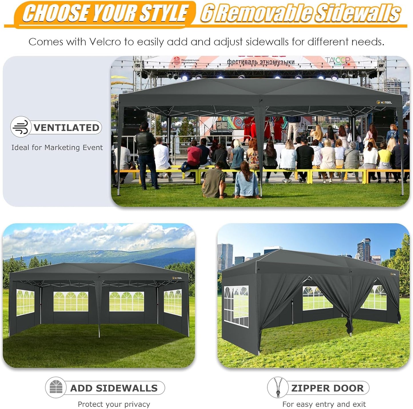 HOTEEL 10x20 Pop up Canopy with 6 Sidewalls, One Push Instant Setup Outdoor Canopy Tent with Reinforce Rod, Weight Bag, for Parties, Events, Gray