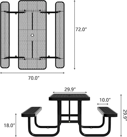 6FT Rectangular Steel Outdoor Picnic Table,Commercial Black Picnic Table Bench Set with Umbrella Hole, Weather-Resistant Heavy Duty School Dining Table for Patio, Garden, Backyard