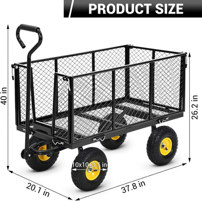 Heavy Duty Steel Garden Cart, 1100LBS Pullable Metal Garden Wagon with 10" Wheels, 180° Rotating Handle and Removable Sides for Outdoor, Farm, Yard, Beach ﻿