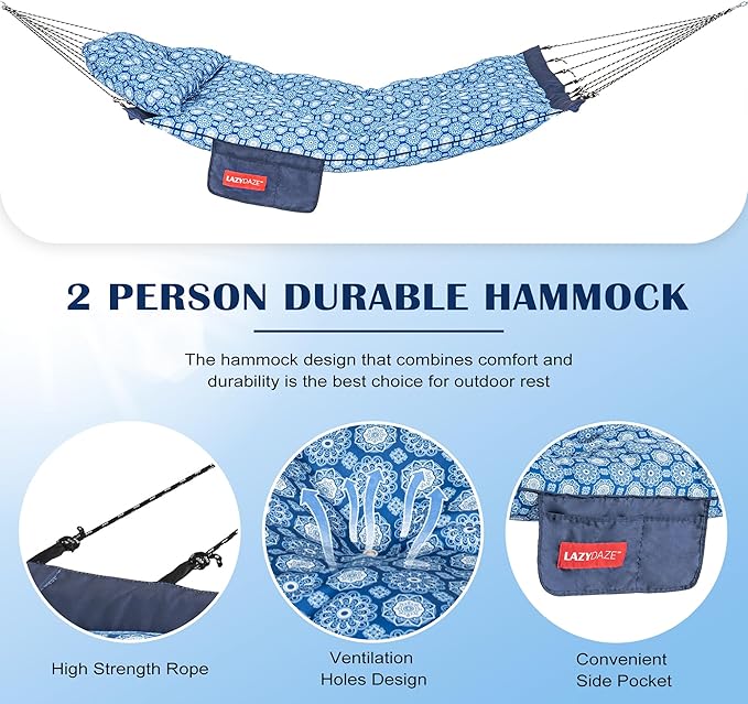Lazy Daze Hammocks Deluxe 12 FT Tufted Hammock with Soft Detachable Pillow & Side Pocket, Outside Double Curved Aluminium Spreader Hammock, 450 Lbs Capacity for Patio, Blue Floral