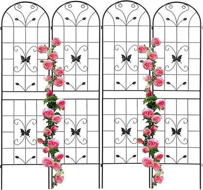 4 Pack Metal Garden Trellis 86.7" Black Fence Rustproof Garden Trellis for Climbing Plants Support Roses Flower Outdoor Lawn, Black