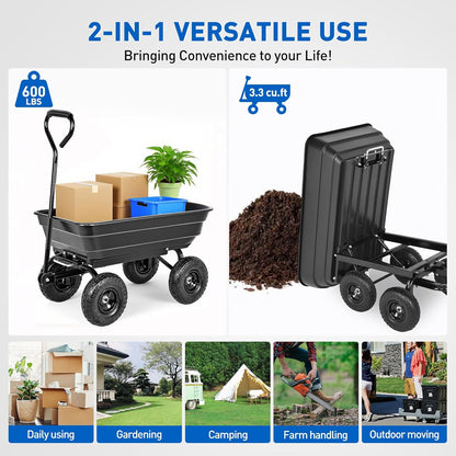Yesker Garden Carts - 600lbs Dump Wagon with All Terrain Inflatable Wheels for Yard Lawn Farms Gardening - Heavy Duty Utility Outdoor Hauling Wheelbarrow