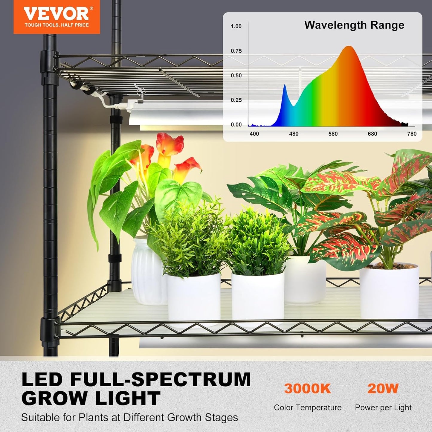 VEVOR Plant Stand with Grow Light, 6-Tier Large Tall Plant Shelf with 3000K 200W Full Spectrum Grow Light, Indoor Grow Light Shelf with Timer and Wheel for Seed Starting 47.2" L x 13.8" W x 70.8" H