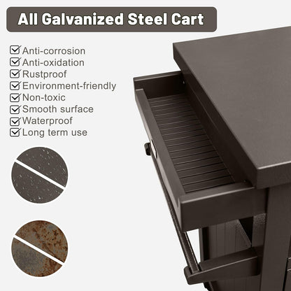 Grill Cart Outdoor with Storage Cabinet, Portable Rolling Patio Bar Cart with Wheels, BBQ Prep Table, Movable Stainless Steel Kitchen Island Dining Cart for Food/Drink/Cooking-Brown