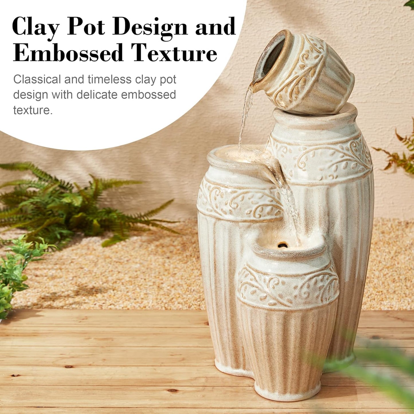 Glitzhome 27.25" H Outdoor Garden Water Fountain with LED Lights and Pump, 4 Tier Sand Beige Embossed Pattern Ceramic Pots Cascading Floor Standing Fountain for Porch Deck Patio Backyard Decoration