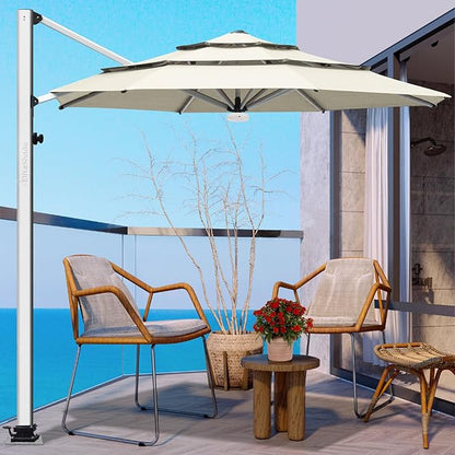 EliteShade USA APOLLO 3-Tier 11FT Full Aluminum Cantilever Patio Umbrella for Outdoor restaurant Garden Courtyard Deck Pool and Marketing with Light (No battery),Natural