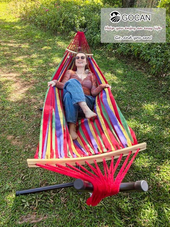 Double Hammock 2 Person Extra Large 220x160cm Total Length 330cm Load 500lb Canvas Cotton Hammock for Patio Porch Garden Backyard Lounging Outdoor and Indoor with Removable Spreader bar