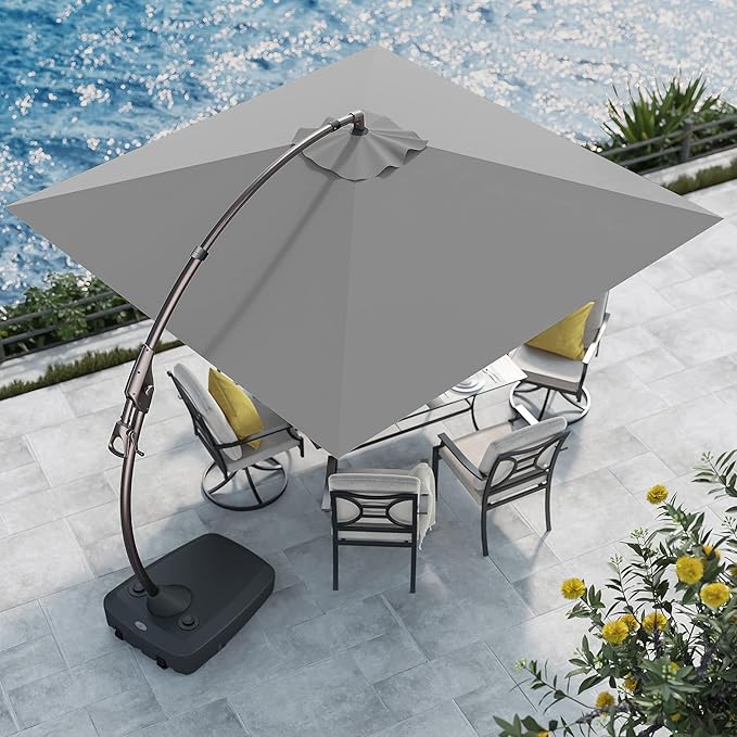 Grand patio 10X10 FT Sunbrella Offset Umbrella with Base Outdoor Square Aluminum Cantilever Umbrella Shade with Easy Tilt Adjustment (Charcoal, 10X10 FT-SUNBRELLA)