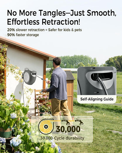 Retractable Garden Hose Reel 1/2 in x 130 ft Upgraded UV Resistant Heavy Duty Automatic Hose Reel Wall Mount 3/4 in Brass Fitting 9 Pattern Nozzle Any Length Lock Slow Retraction