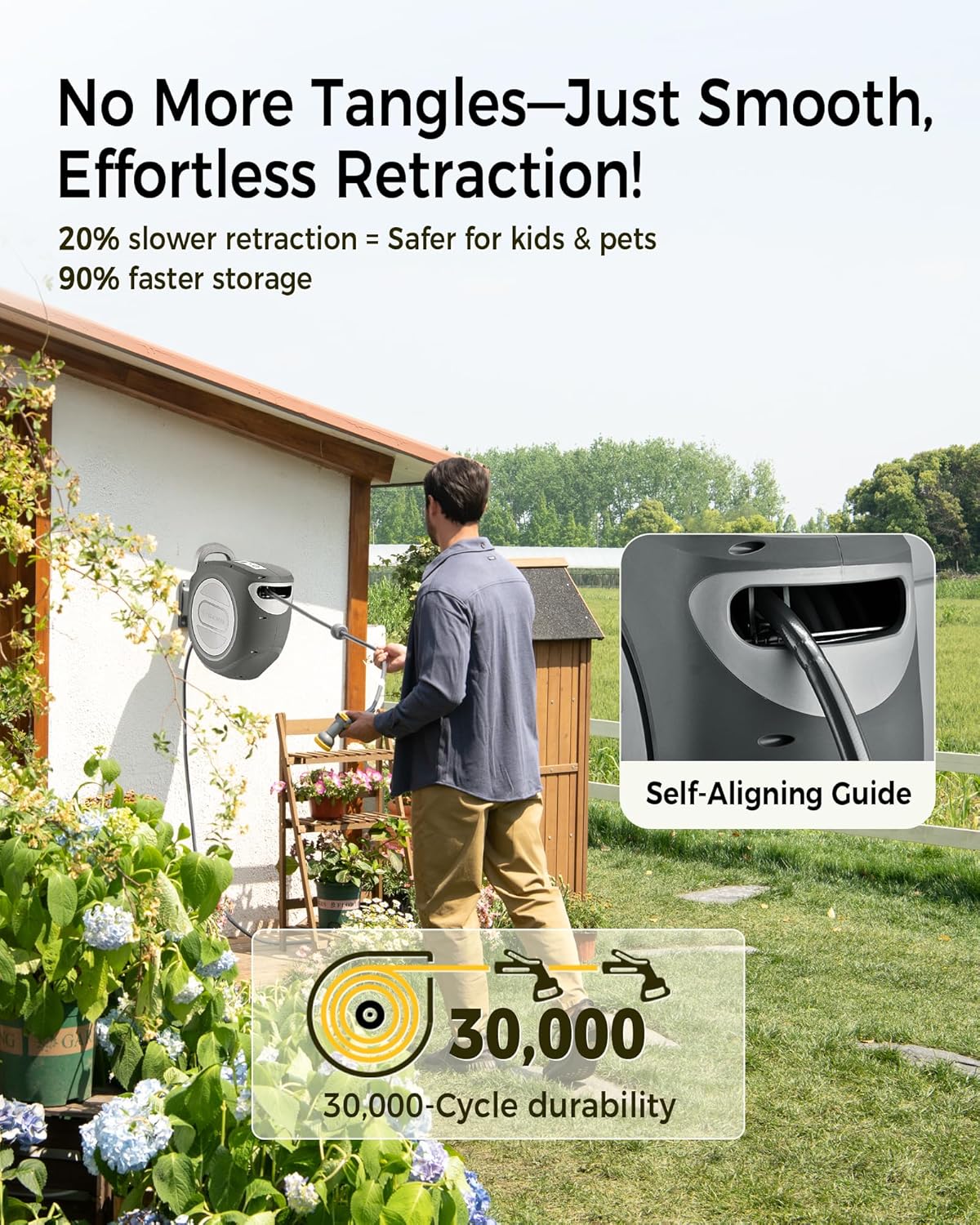 Retractable Garden Hose Reel 1/2 in x 100 ft Upgraded UV Resistant Heavy Duty Automatic Hose Reel Wall Mount 3/4 in Brass Fitting 9 Pattern Nozzle Any Length Lock Slow Retraction 180° Swivel