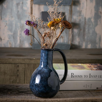 Blue Ceramic Vase with Big Handles, Modern Farmhouse Decor, Rustic Pottery for Flowers, Decorative Terracotta Centerpiece for Dining Table