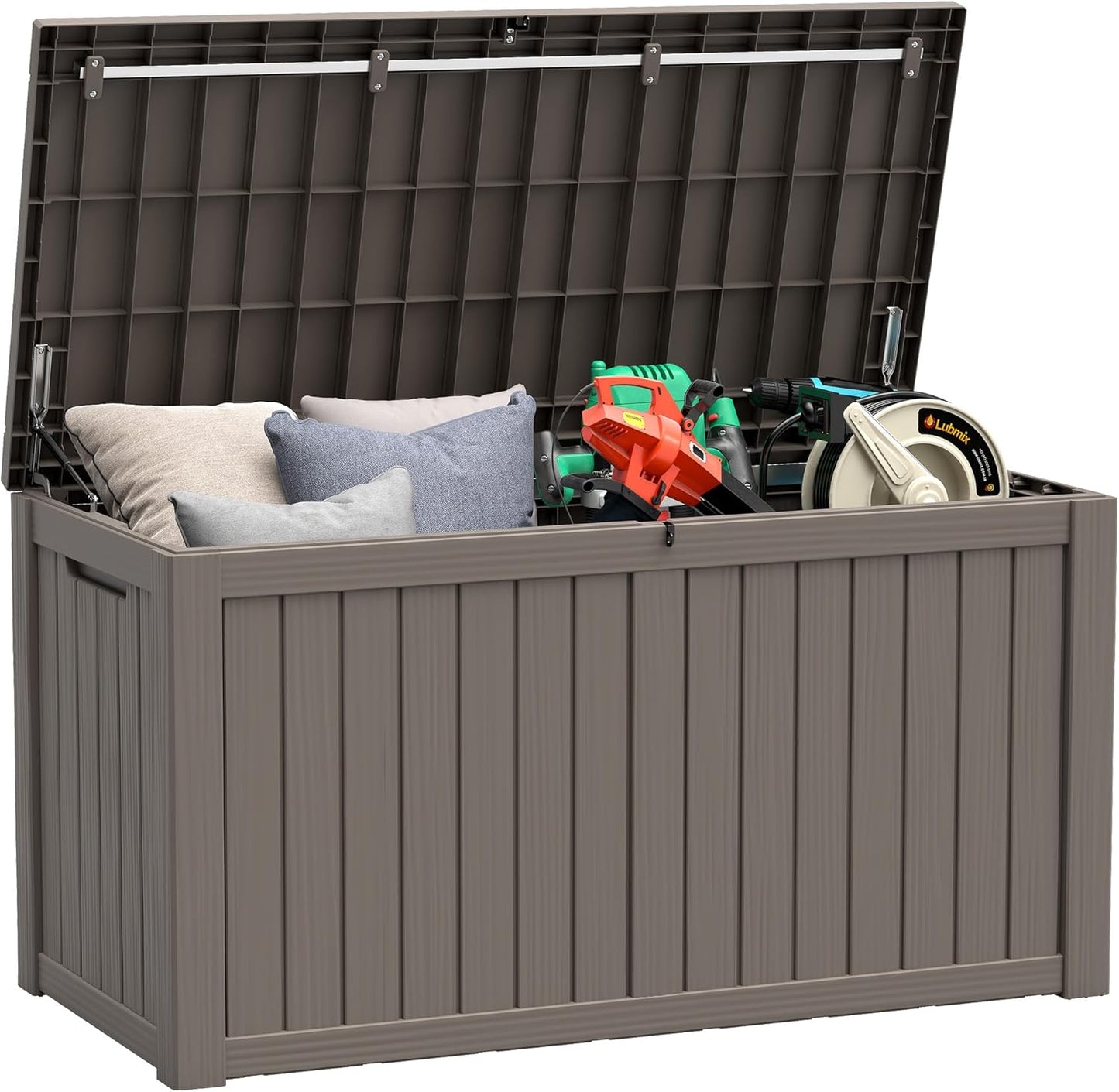 KAMABOKO Outdoor Storage Box, 150 Gallon Large Outdoor Resin Deck Box, Storage Waterproof Boxes Lockable Lid for Garden Tools, Pool Supplies, Patio Furniture and Cushions, Grey