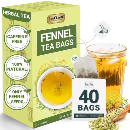 LeafLea 40 Fennel Tea Bags, 100% Natural & Pure Fennel Seed Tea, Gentle Digestion & Fresh Breath, Mild Sweet Finish, Caffeine-Free, Sugar-Free, Vegan, Non-GMO, Individually Wrapped