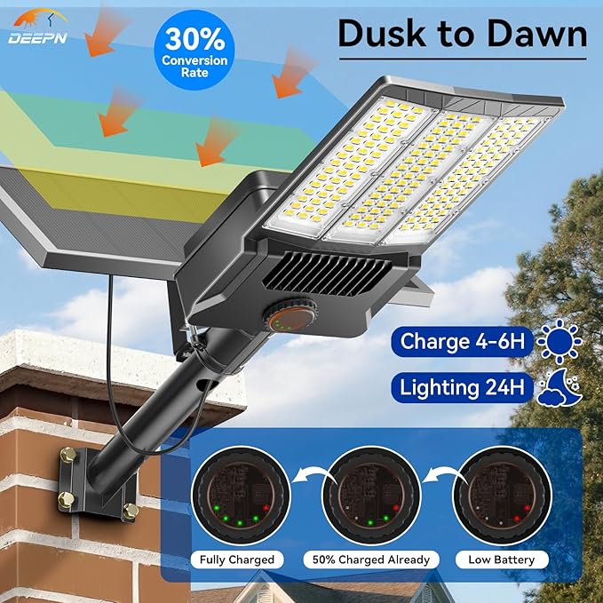 Deepn Solar Lights Outdoor, Solar Street Lights Outdoor 10000W with Motion Sensor IP67 Waterproof Parking Lot Light Commmercial Grade 7000K Brightest LED Security Flood Light for Street, Yard, SZ3000